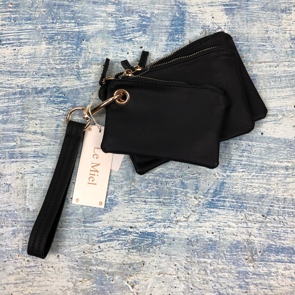 Le Miel Handbags - Le Miel 3-piece vegan faux leather wristlet black